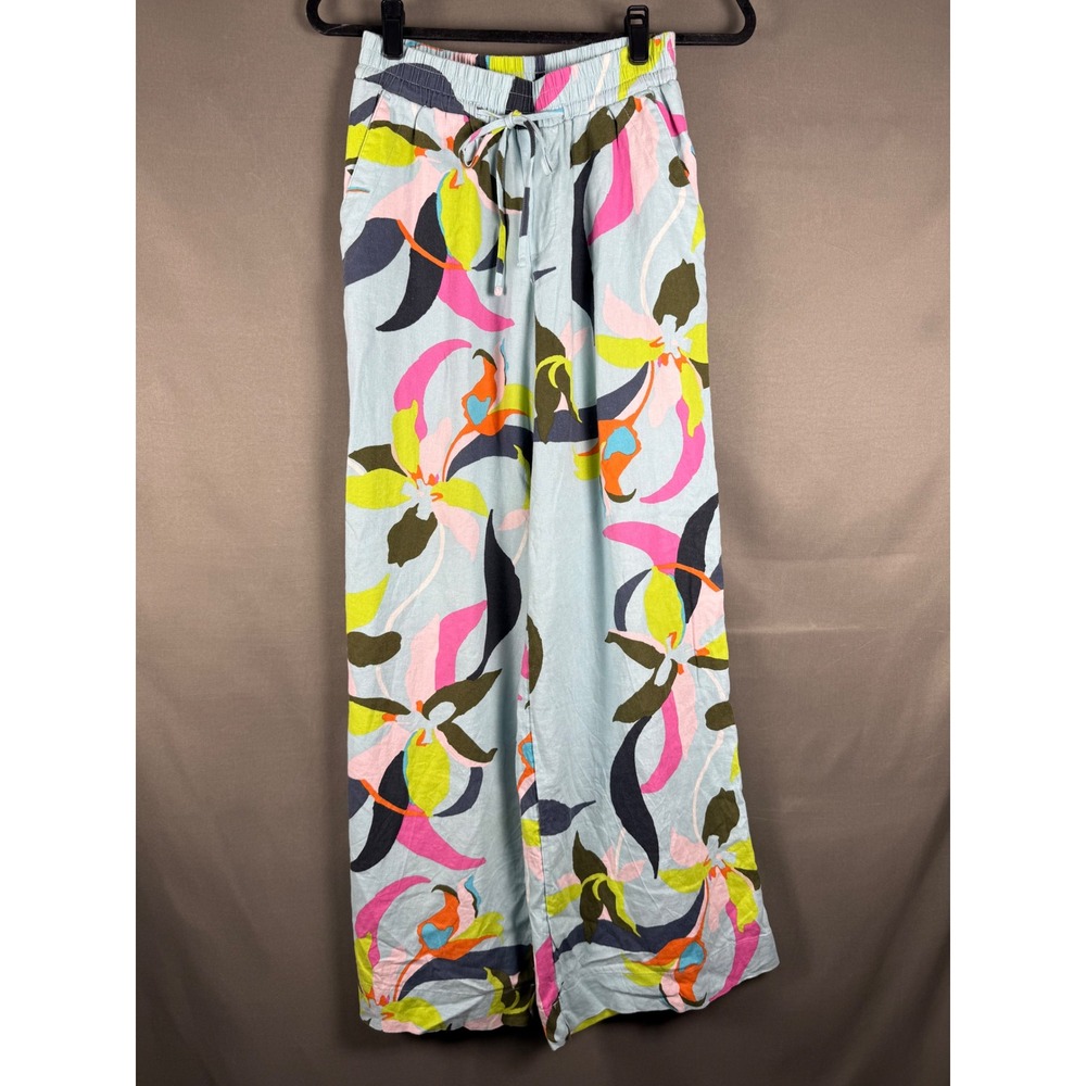 A New Day Floral Wide Leg Pants Womens XS Blue Pink Linen Blend Drawstring